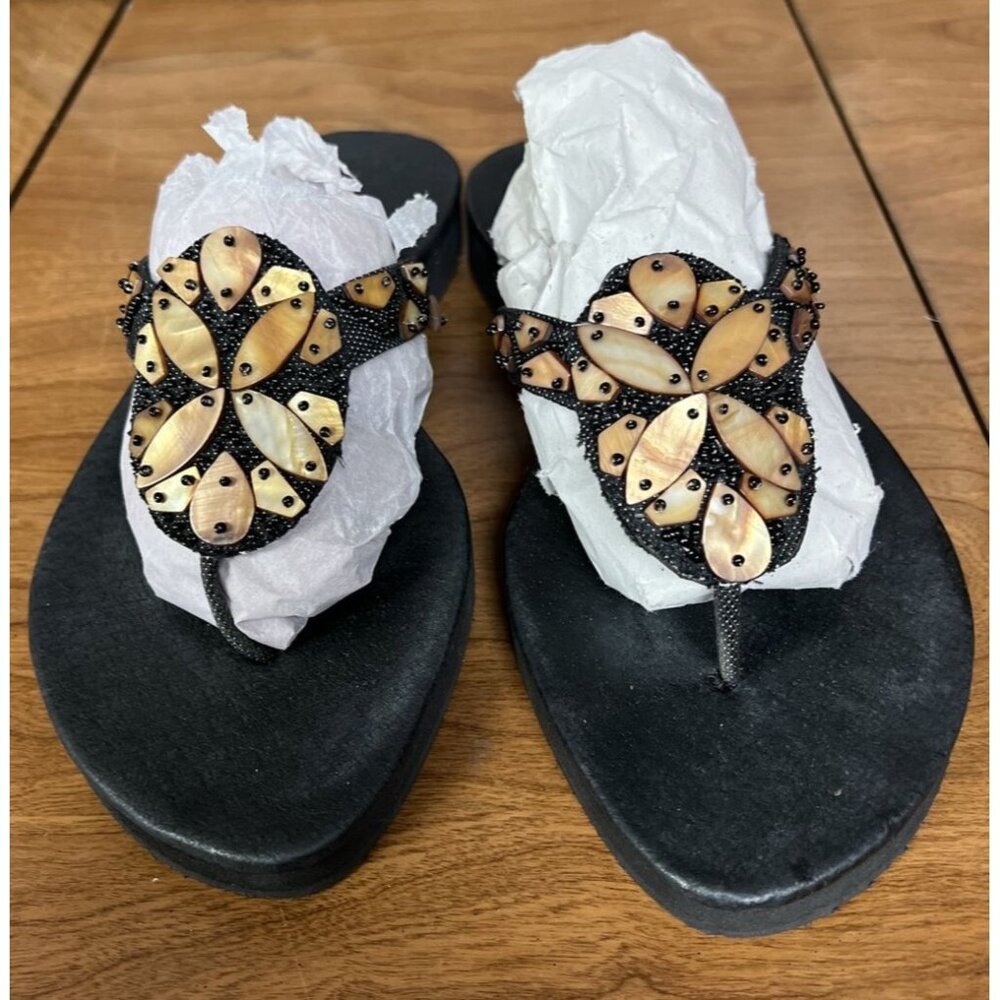 Black Sandals Beaded Shell Embellishments & Comfortable Wedge Sole